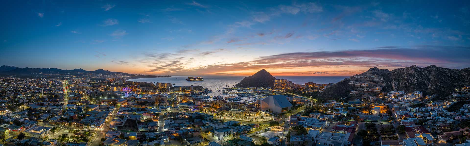 Wide angle view of Cabo San Lucas at sunset