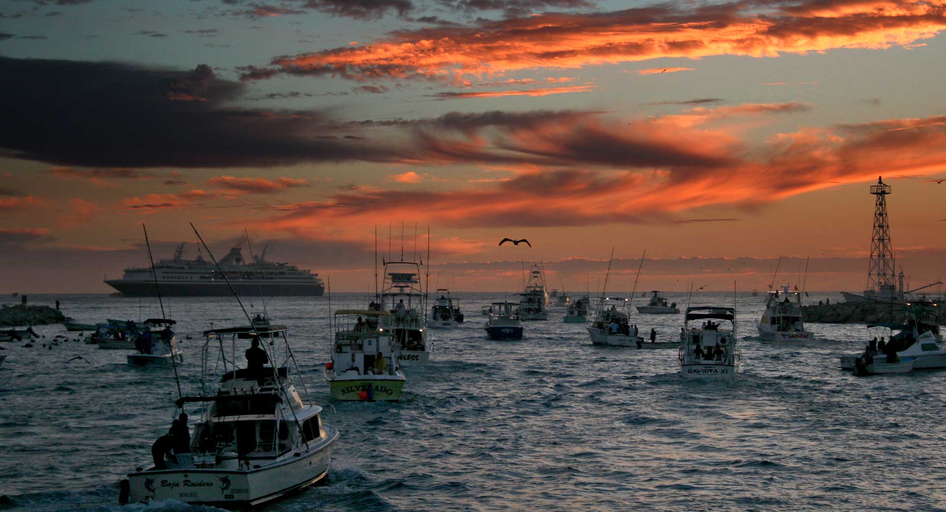 Sport fishing boats head out of the Cabo Marina for a day of fishing.